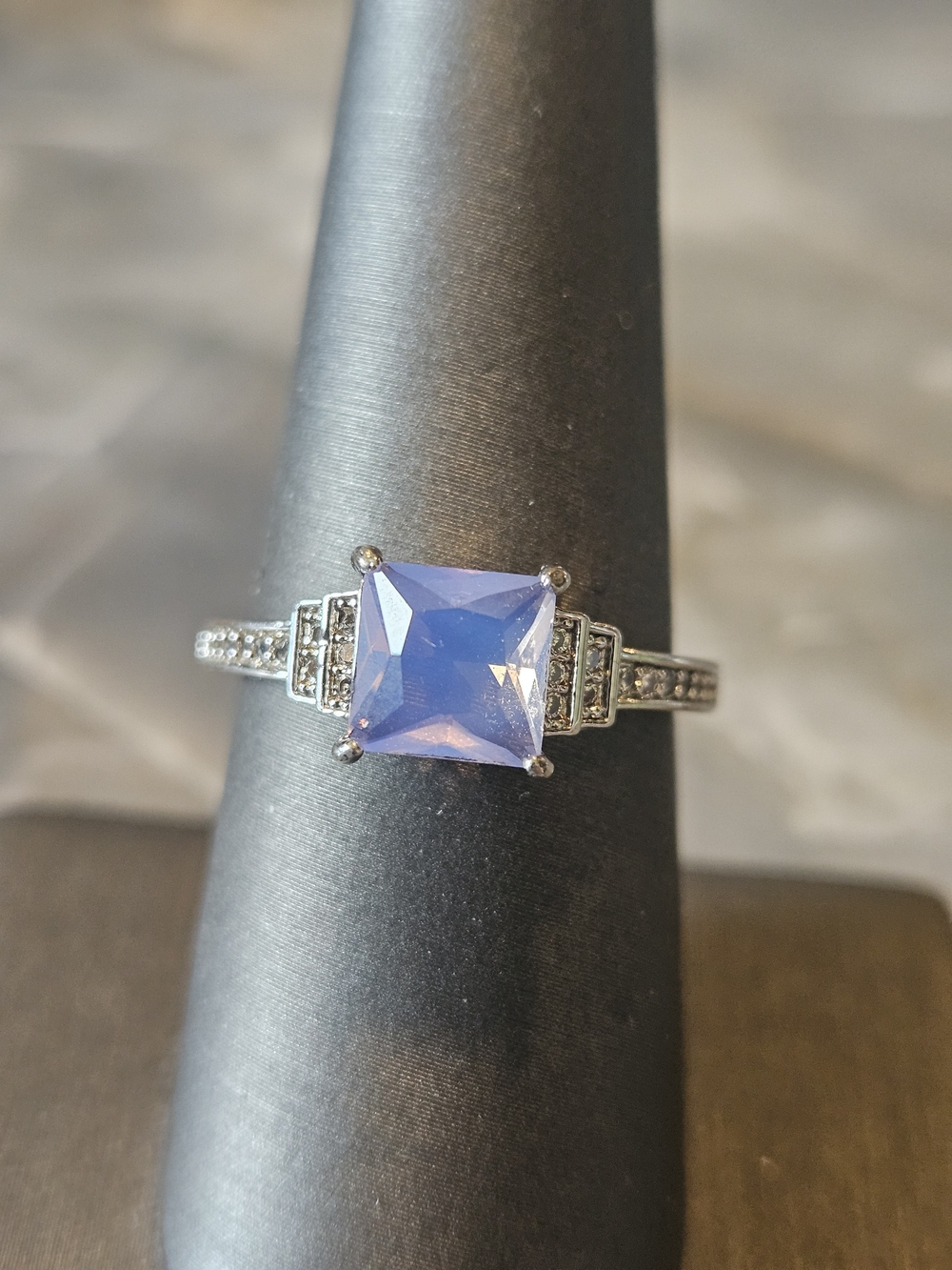 Bomb Party Silver Ring with Square Lavender Blue Gemstone